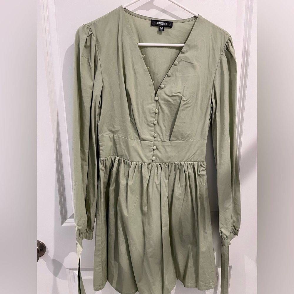 Missguided Sage Green Mini Button Dress